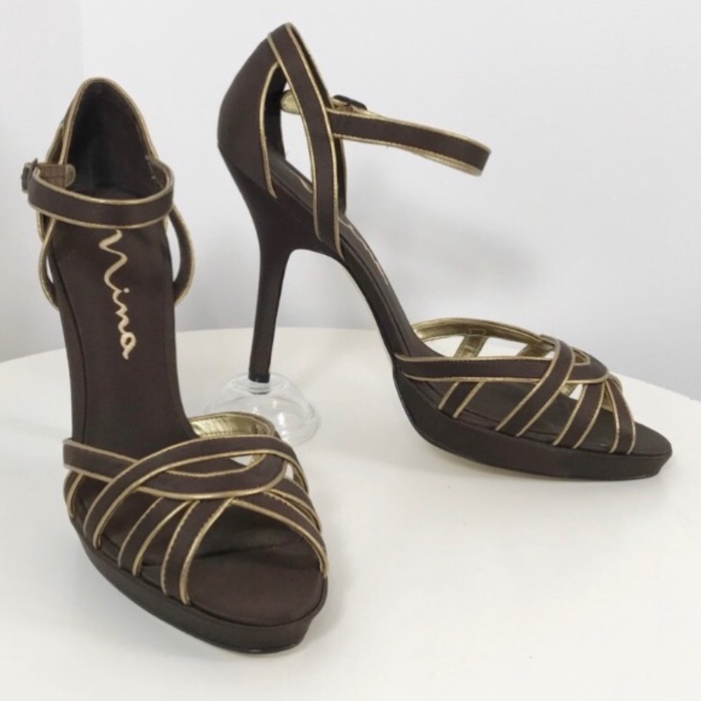NINA brown satin and gold leather platform heel 10